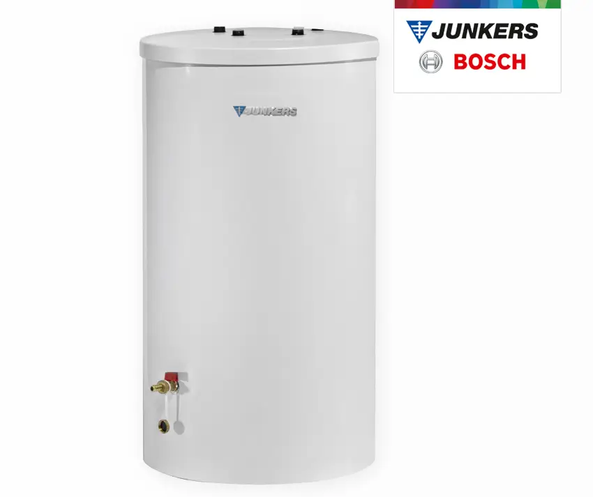 Weißer zylindrischer Warmwasserspeicher mit Anschlussventilen, präsentiert mit dem Junkers und Bosch Logo.